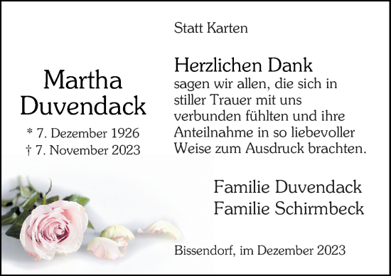 Traueranzeige von Martha Duvendack von Neue Osnabrücker Zeitung GmbH & Co. KG