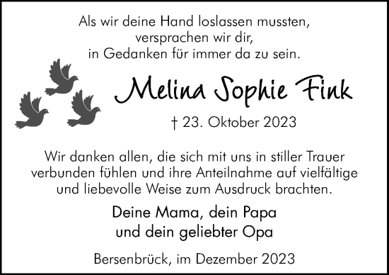 Traueranzeige von Melina Sophie Fink von Neue Osnabrücker Zeitung GmbH & Co. KG