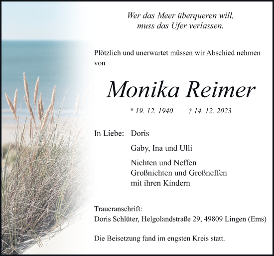 Traueranzeige von Monika Reimer von Neue Osnabrücker Zeitung GmbH & Co. KG