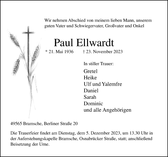 Traueranzeige von Paul Ellwardt von Neue Osnabrücker Zeitung GmbH & Co. KG