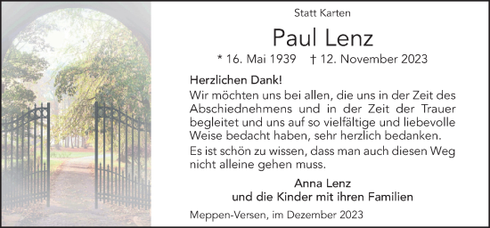 Traueranzeige von Paul Lenz von Neue Osnabrücker Zeitung GmbH & Co. KG