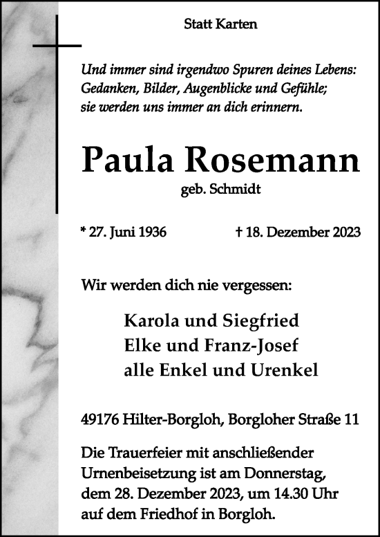 Traueranzeige von Paula Rosemann von Neue Osnabrücker Zeitung GmbH & Co. KG