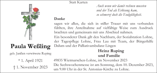 Traueranzeige von Paula Weßling von Neue Osnabrücker Zeitung GmbH & Co. KG