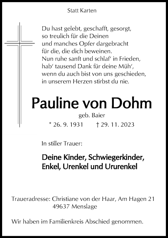 Traueranzeige von Pauline von Dohm von Neue Osnabrücker Zeitung GmbH & Co. KG