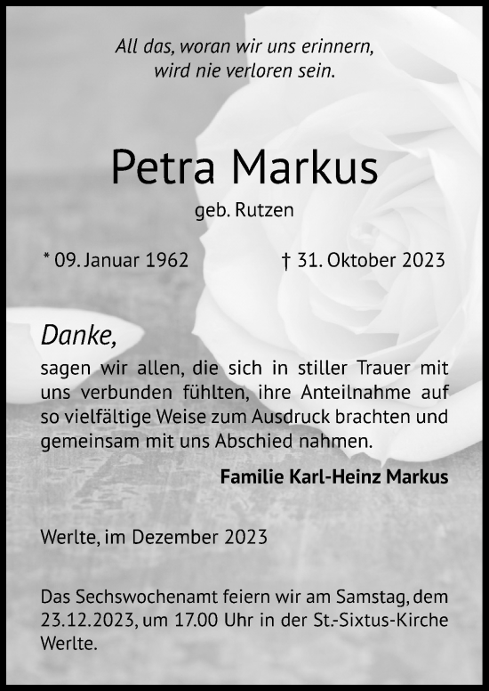 Traueranzeige von Petra Markus von Neue Osnabrücker Zeitung GmbH & Co. KG