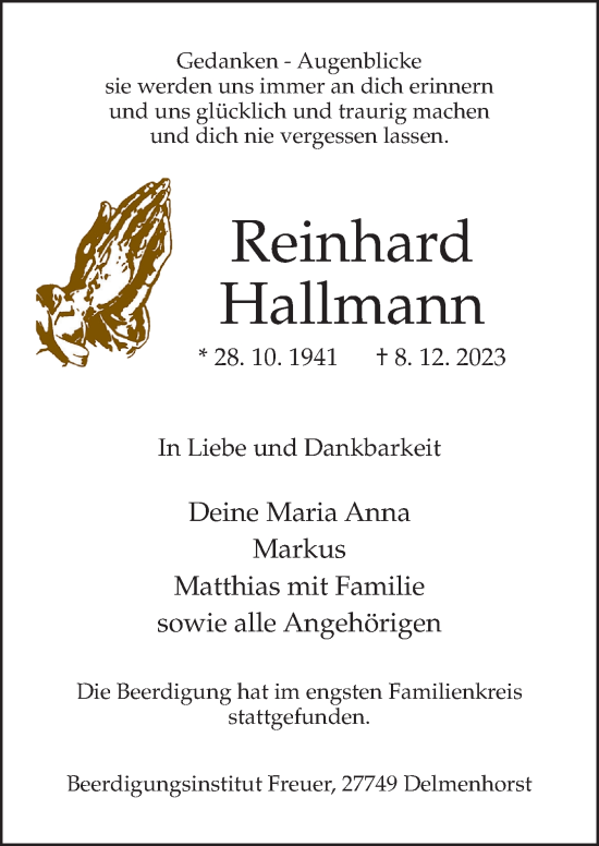 Traueranzeige von Reinhard Hallmann von DK Medien GmbH & Co. KG