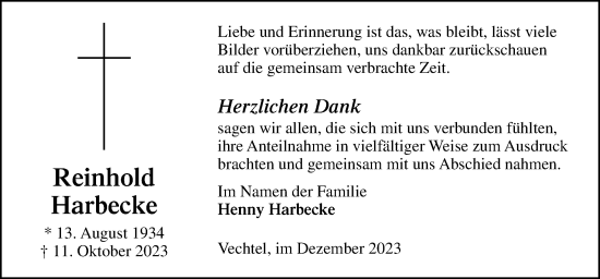 Traueranzeige von Reinhold Harbecke von Neue Osnabrücker Zeitung GmbH & Co. KG