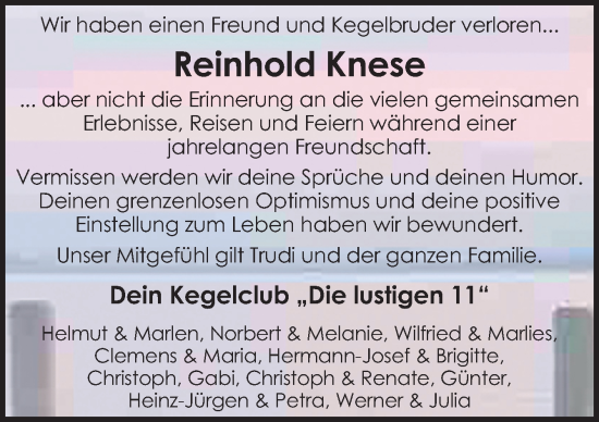 Traueranzeige von Reinhold Knese von Neue Osnabrücker Zeitung GmbH & Co. KG