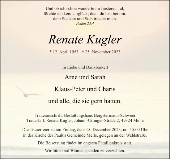 Traueranzeige von Renate Kugler von Neue Osnabrücker Zeitung GmbH & Co. KG