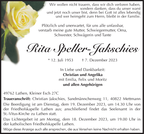 Traueranzeige von Rita Speller-Jakschies von Neue Osnabrücker Zeitung GmbH & Co. KG