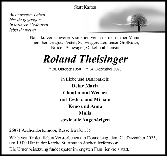 Traueranzeige von Roland Theisinger von Neue Osnabrücker Zeitung GmbH & Co. KG