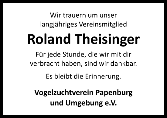 Traueranzeige von Roland Theisinger von Neue Osnabrücker Zeitung GmbH & Co. KG