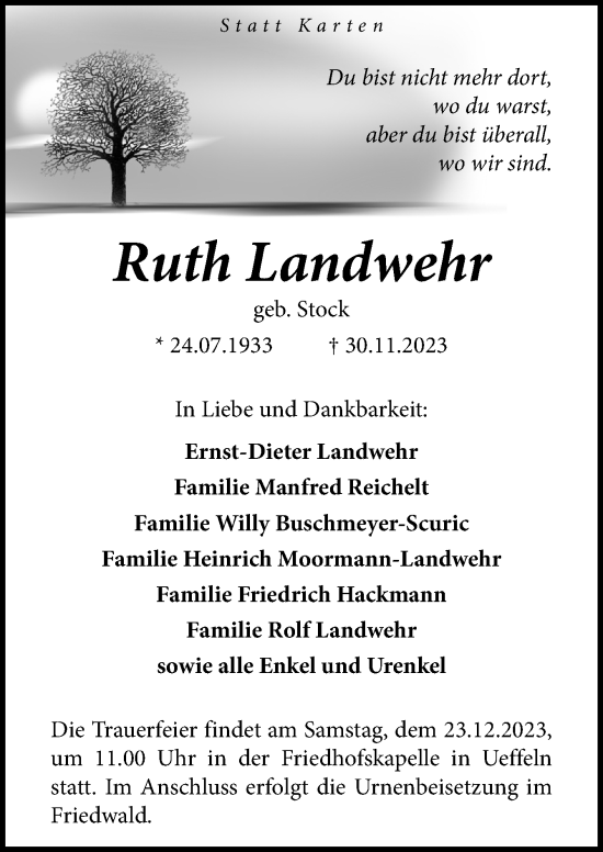 Traueranzeige von Ruth Landwehr von Neue Osnabrücker Zeitung GmbH & Co. KG
