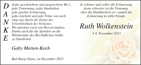 Traueranzeige von Ruth Wolkenstein von Neue Osnabrücker Zeitung GmbH & Co. KG