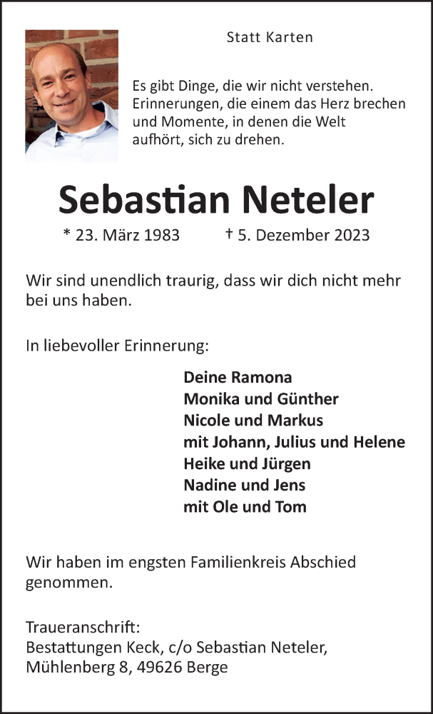  Traueranzeige für Sebastian Neteler vom 16.12.2023 aus Neue Osnabrücker Zeitung GmbH & Co. KG