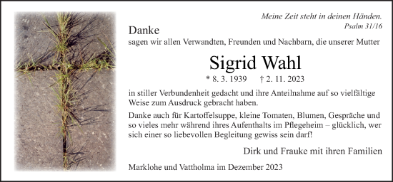 Traueranzeige von Sigrid Wahl von Neue Osnabrücker Zeitung GmbH & Co. KG