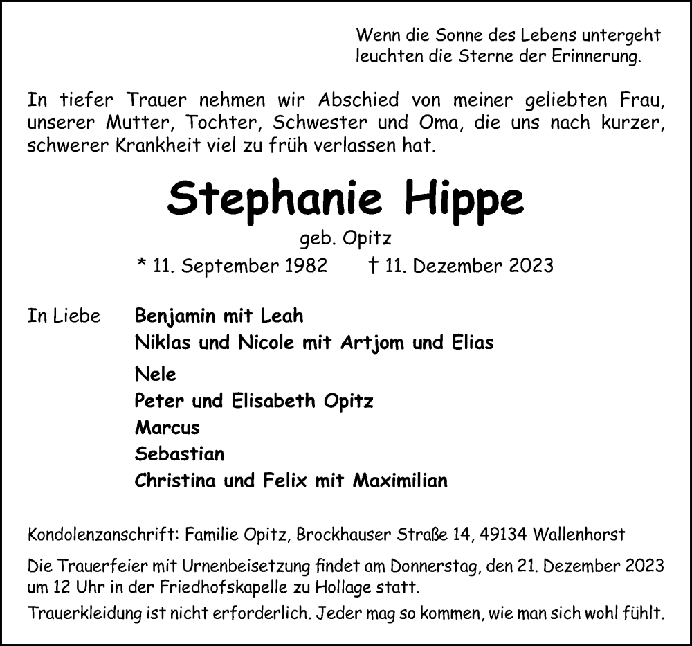  Traueranzeige für Stephanie Hippe vom 16.12.2023 aus Neue Osnabrücker Zeitung GmbH & Co. KG