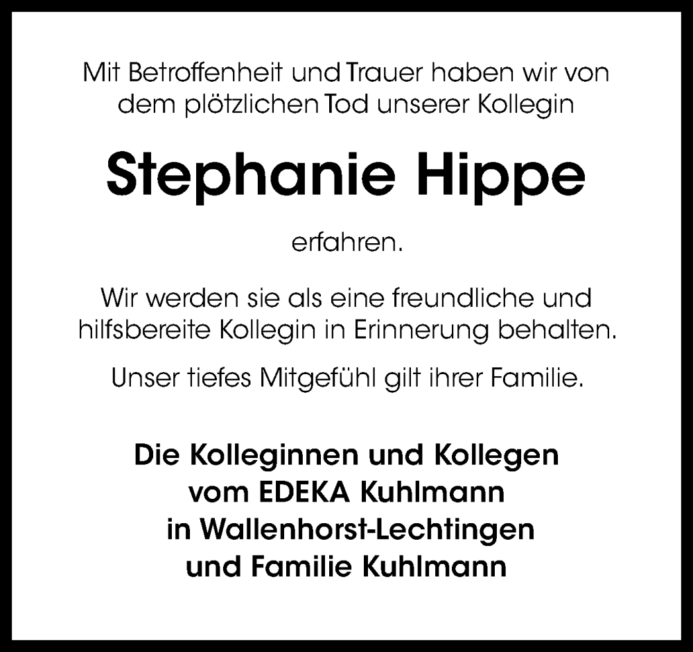  Traueranzeige für Stephanie Hippe vom 16.12.2023 aus Neue Osnabrücker Zeitung GmbH & Co. KG