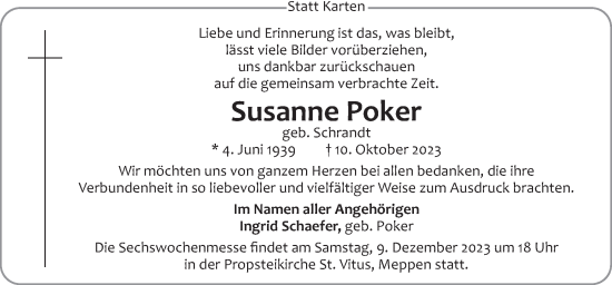 Traueranzeige von Susanne Poker von Neue Osnabrücker Zeitung GmbH & Co. KG