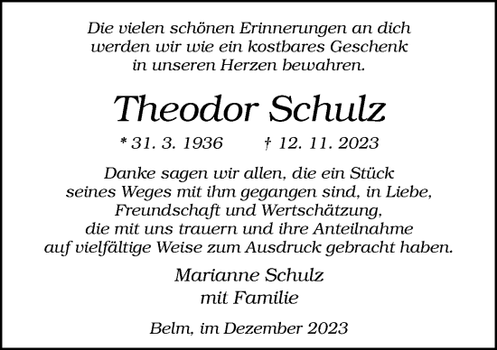 Traueranzeige von Theodor Schulz von Neue Osnabrücker Zeitung GmbH & Co. KG