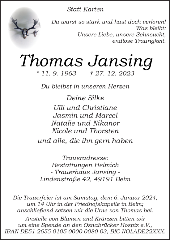 Traueranzeige von Thomas Jansing von Neue Osnabrücker Zeitung GmbH & Co. KG