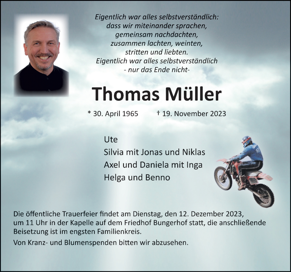  Traueranzeige für Thomas Müller vom 02.12.2023 aus DK Medien GmbH & Co. KG