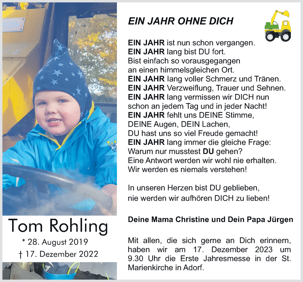  Traueranzeige für Tom Rohling vom 09.12.2023 aus Neue Osnabrücker Zeitung GmbH & Co. KG