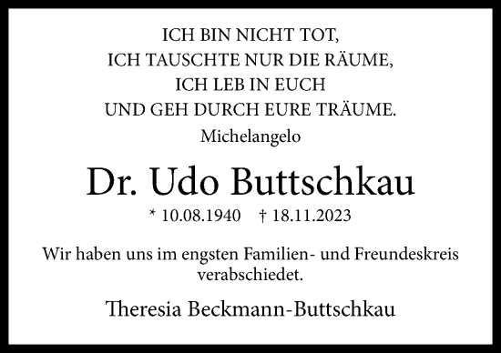 Traueranzeige von Udo Buttschkau von Neue Osnabrücker Zeitung GmbH & Co. KG