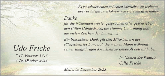 Traueranzeige von Udo Fricke von Neue Osnabrücker Zeitung GmbH & Co. KG