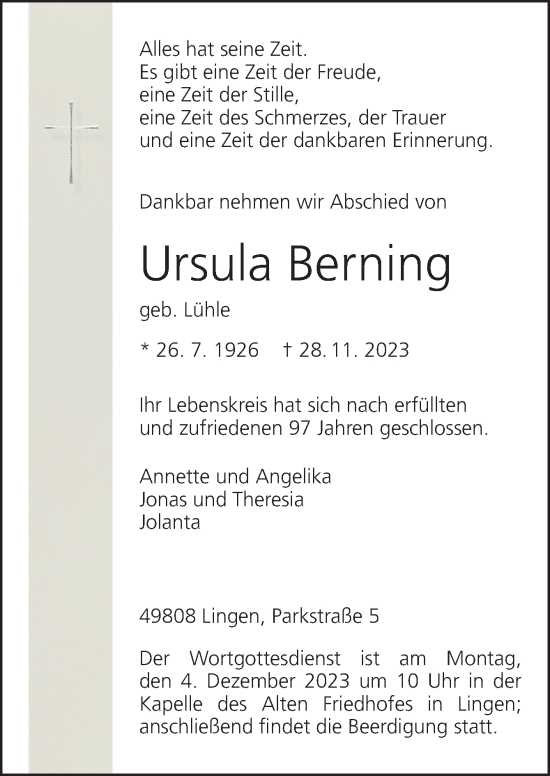 Traueranzeige von Ursula Berning von Neue Osnabrücker Zeitung GmbH & Co. KG