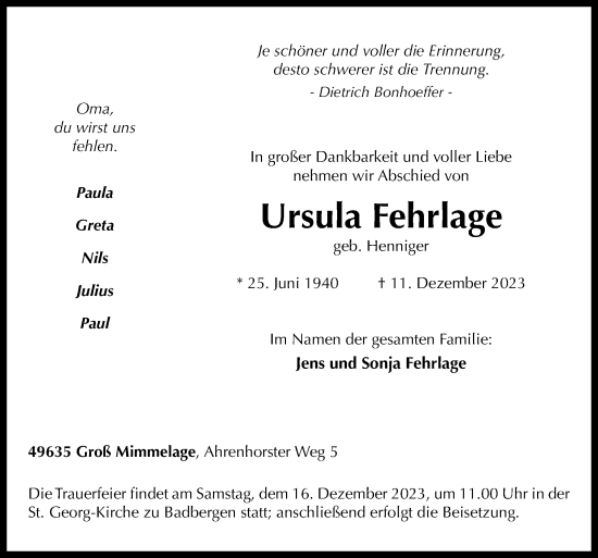 Traueranzeige von Ursula Fehrlage von Neue Osnabrücker Zeitung GmbH & Co. KG