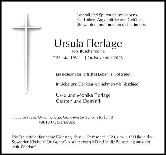 Traueranzeige von Ursula Flerlage von Neue Osnabrücker Zeitung GmbH & Co. KG