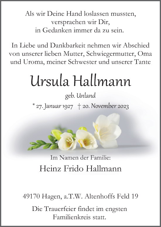 Traueranzeige von Ursula Hallmann von Neue Osnabrücker Zeitung GmbH & Co. KG