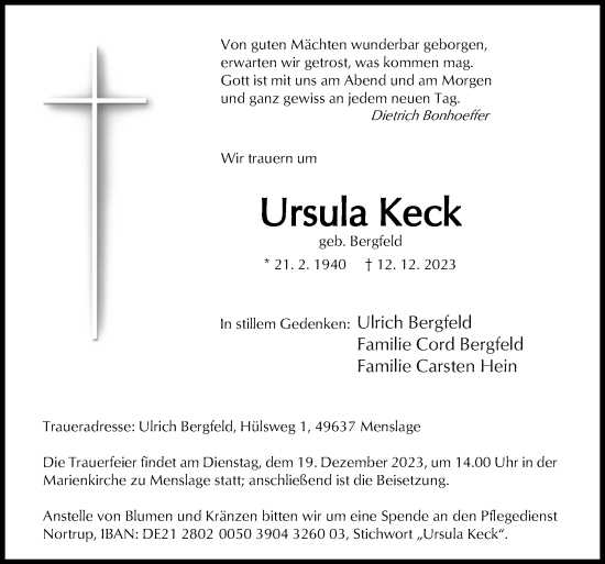 Traueranzeige von Ursula Keck von Neue Osnabrücker Zeitung GmbH & Co. KG