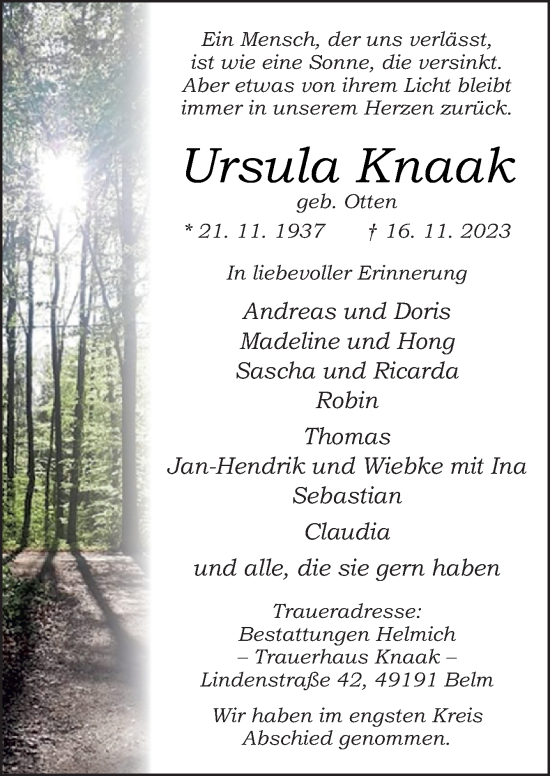 Traueranzeige von Ursula Knaak von Neue Osnabrücker Zeitung GmbH & Co. KG