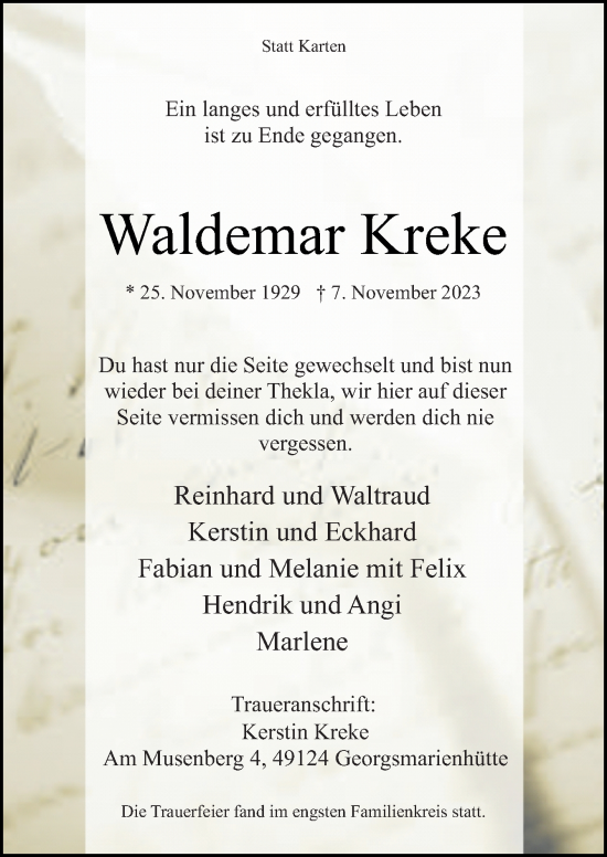 Traueranzeige von Waldemar Kreke von Neue Osnabrücker Zeitung GmbH & Co. KG