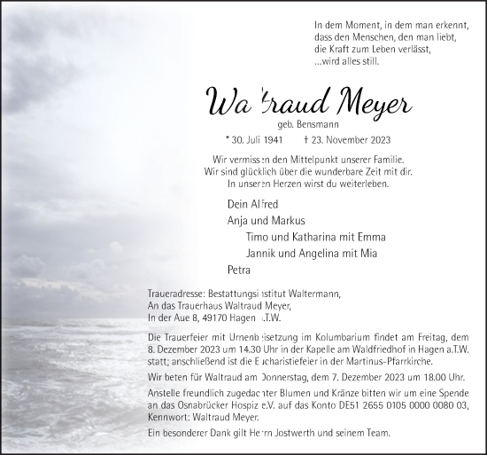 Traueranzeige von Waltraud Meyer von Neue Osnabrücker Zeitung GmbH & Co. KG