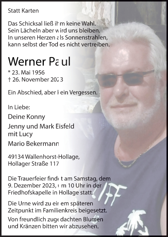 Traueranzeige von Werner Paul von Neue Osnabrücker Zeitung GmbH & Co. KG