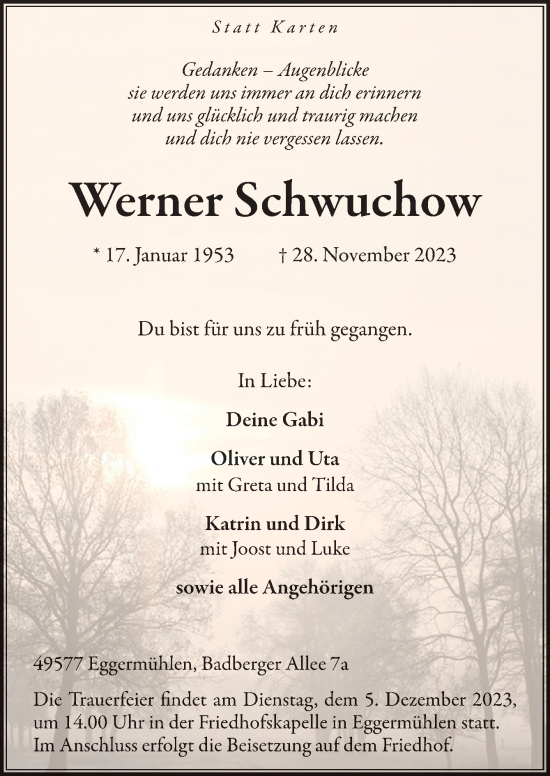 Traueranzeige von Werner Schwuchow von Neue Osnabrücker Zeitung GmbH & Co. KG