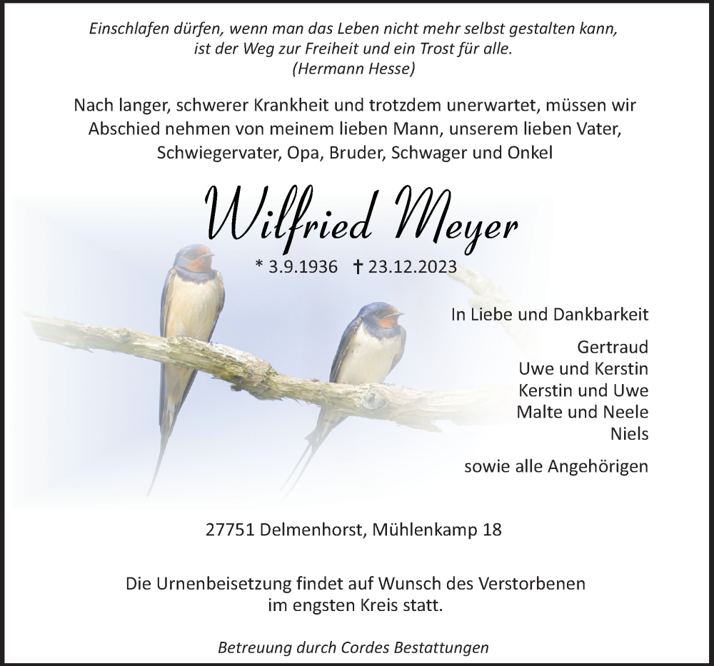  Traueranzeige für Wilfried Meyer vom 30.12.2023 aus DK Medien GmbH & Co. KG