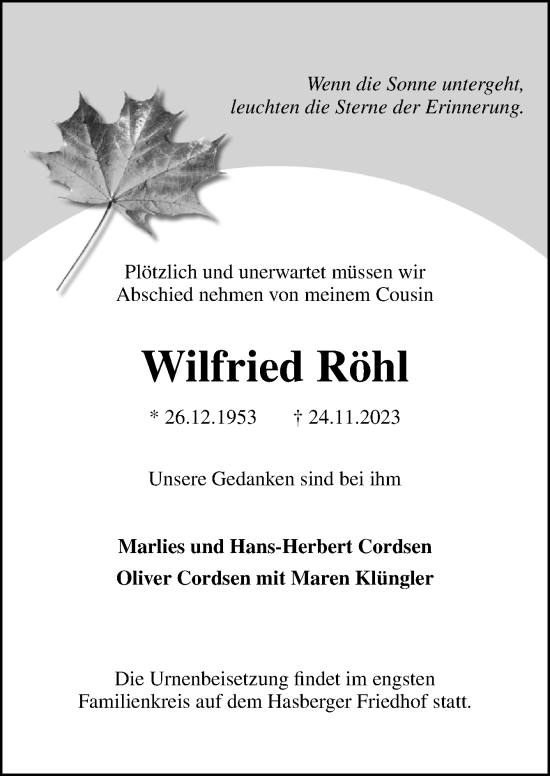 Traueranzeige von Wilfried Röhl von DK Medien GmbH & Co. KG