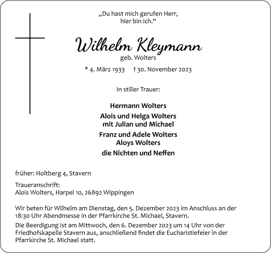 Traueranzeige von Wilhelm Kleymann von Neue Osnabrücker Zeitung GmbH & Co. KG