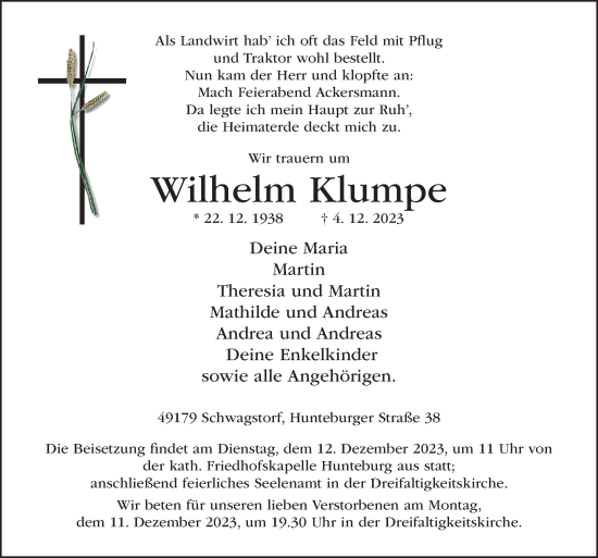 Traueranzeige von Wilhelm Klumpe von Neue Osnabrücker Zeitung GmbH & Co. KG