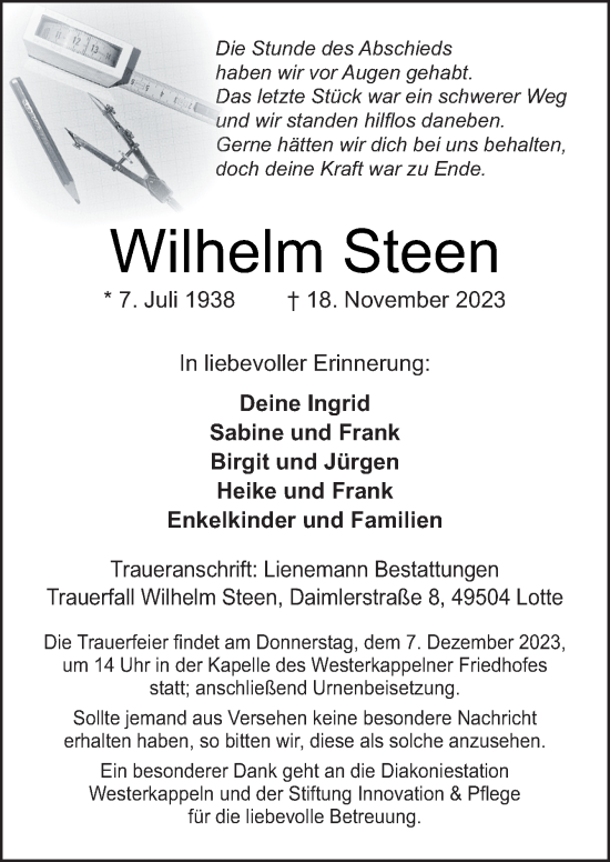 Traueranzeige von Wilhelm Steen von Neue Osnabrücker Zeitung GmbH & Co. KG