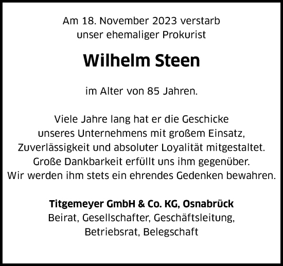 Traueranzeige von Wilhelm Steen von Neue Osnabrücker Zeitung GmbH & Co. KG