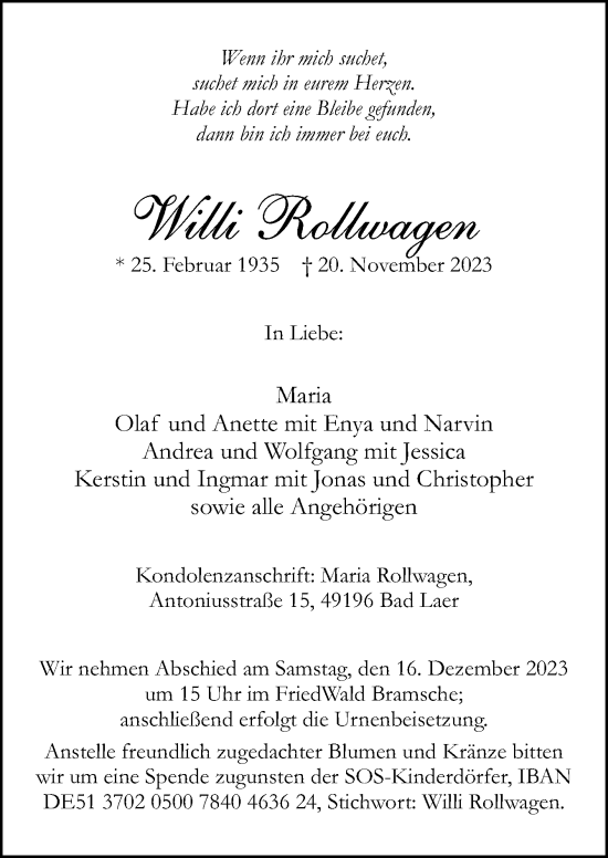 Traueranzeige von Willi Rollwagen von Neue Osnabrücker Zeitung GmbH & Co. KG