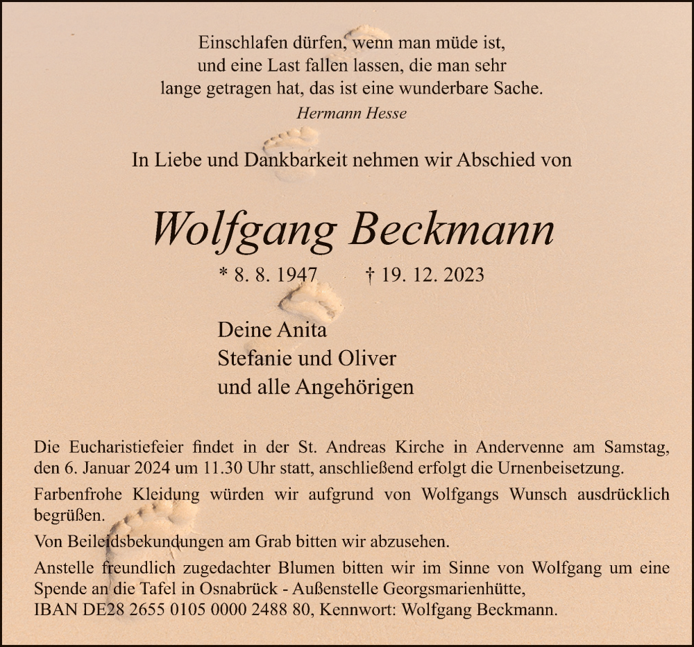  Traueranzeige für Wolfgang Beckmann vom 30.12.2023 aus Neue Osnabrücker Zeitung GmbH & Co. KG