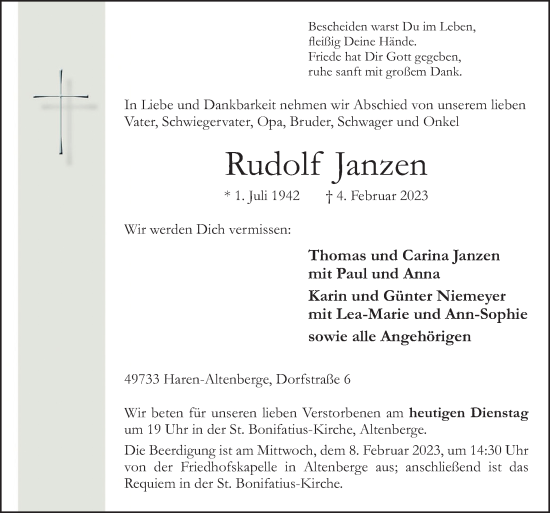 Traueranzeige von Rudolf Janzen von Neue Osnabrücker Zeitung GmbH & Co. KG