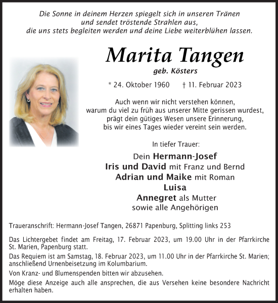 Traueranzeige von Marita Tangen von Neue Osnabrücker Zeitung GmbH & Co. KG