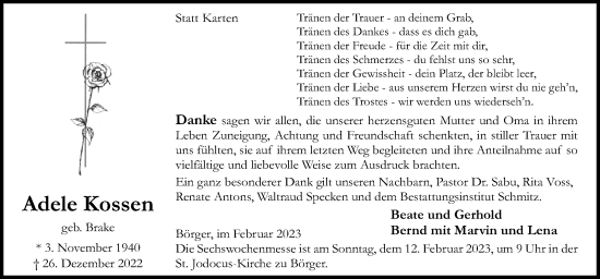 Traueranzeige von Adele Kossen von Neue Osnabrücker Zeitung GmbH & Co. KG